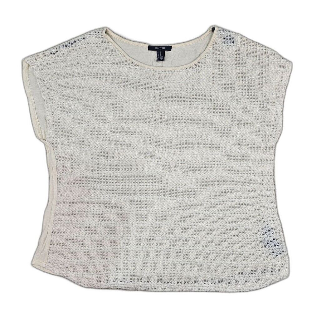 Forever 21 Ivory Crochet Knit Cap Sleeve Top Mixed Media Linen Back - Medium